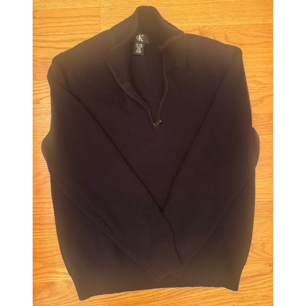 Calvin Klein Men's XL Black 100% Cotton Ribbed Quarter Zip Neck Sweater Luxury